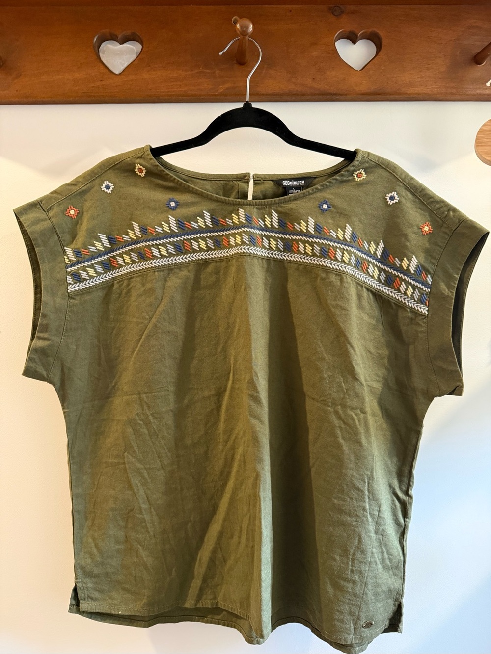 Sherpa Olive Green Embroidered Tunic with Multicolor Yoke